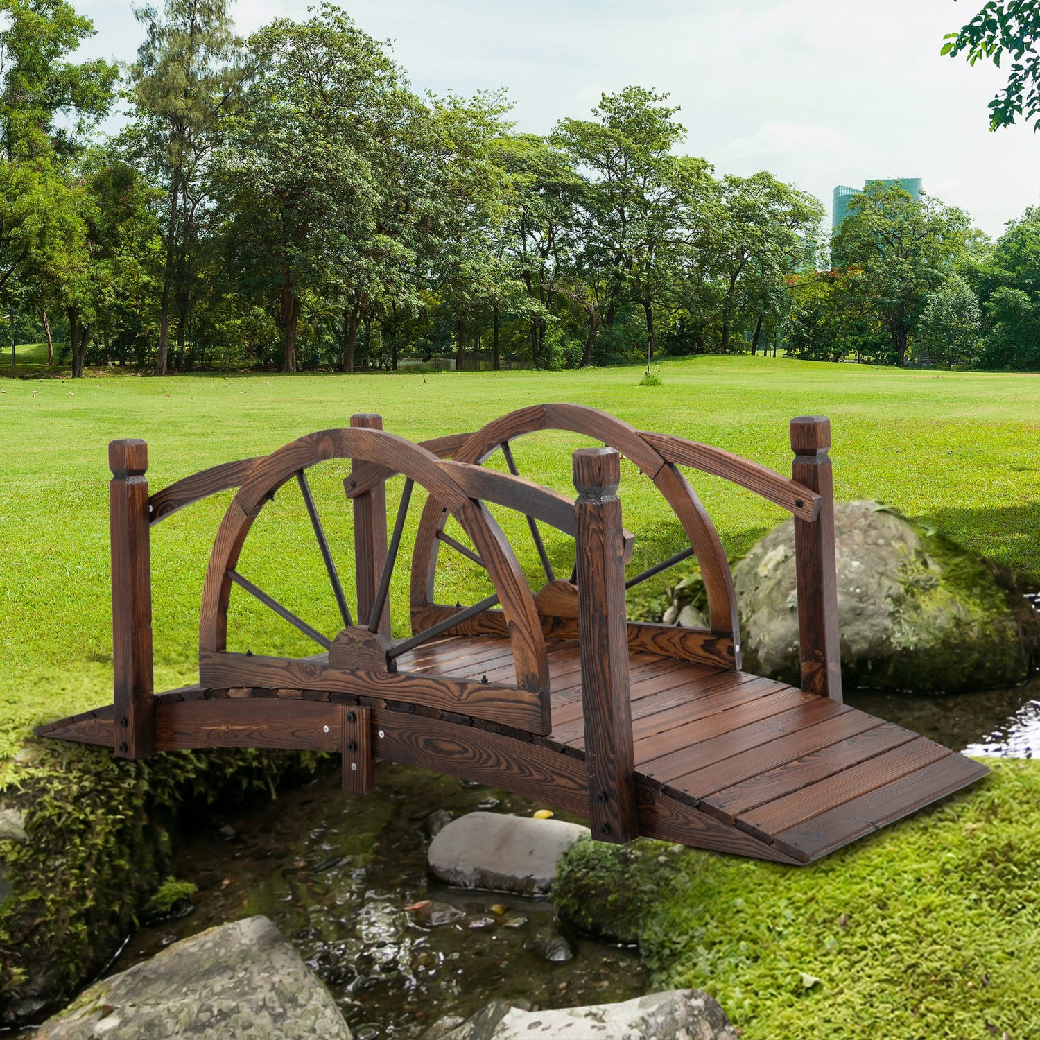 Outsunny Wooden Garden Bridge Decorative Arc Footbridge w/ Safety Guar