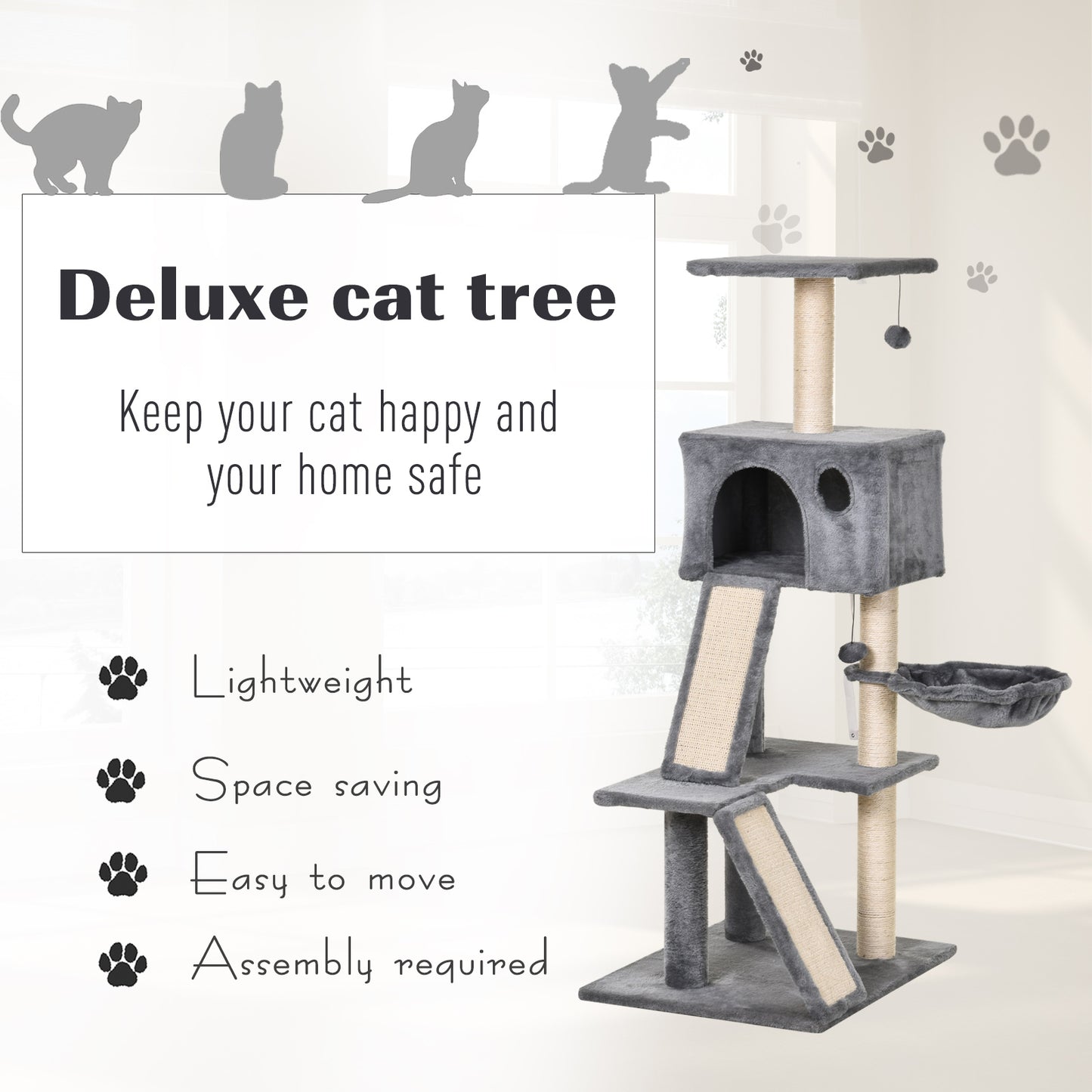PawHut Cat Tree Tower with Sisal-Covered Scratching Posts and Ladders for Climbing and Playing