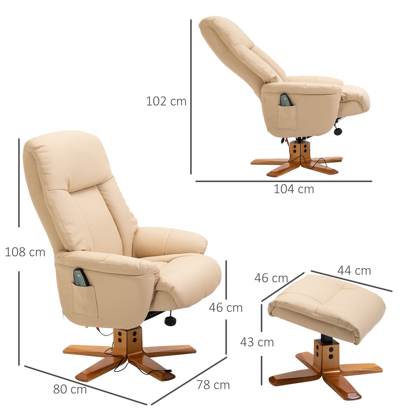 HOMCOM 10-Point Massage Sofa Armchair Chair W/ Ottoman Recliner PU Leather White