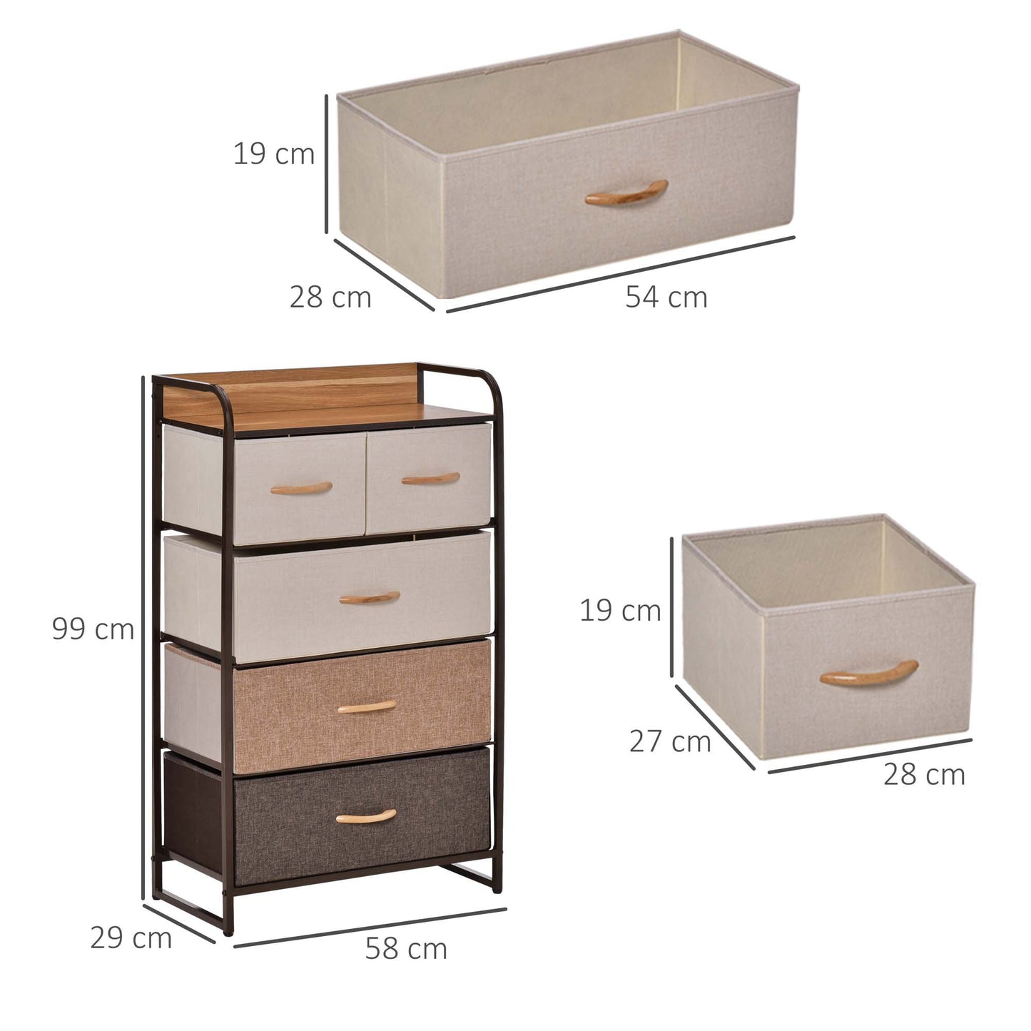 HOMCOM 5-Drawer Dresser Tower Fabric Chest of Drawers with Steel Frame Wooden Top