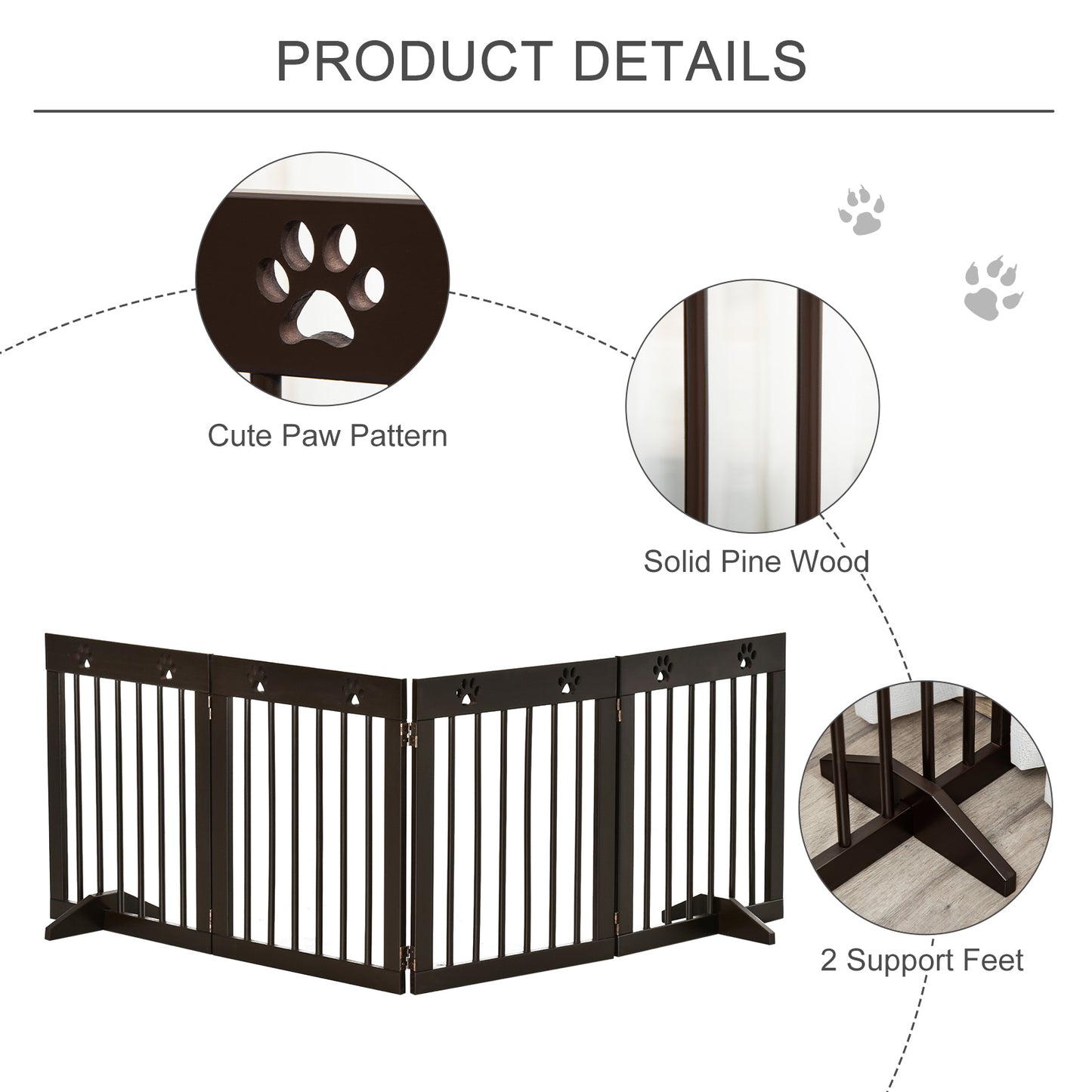 PawHut Freestanding Pet Gate 4 Panel Folding Wooden Dog Barrier  w/ Support Feet