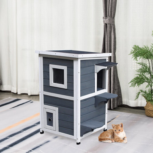 PawHut Outdoor Solid Wood 2-Floor Cat Condo Pet House Kitten Shelter with Window - Gray