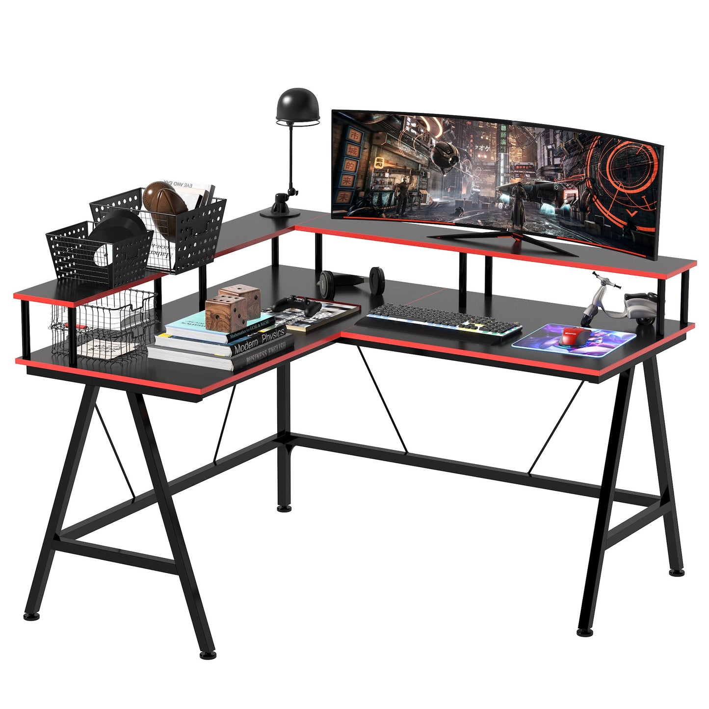 HOMCOM L-Shape Gaming Corner Desk Computer Table w/ Elevated Monitor Shelf Workstation