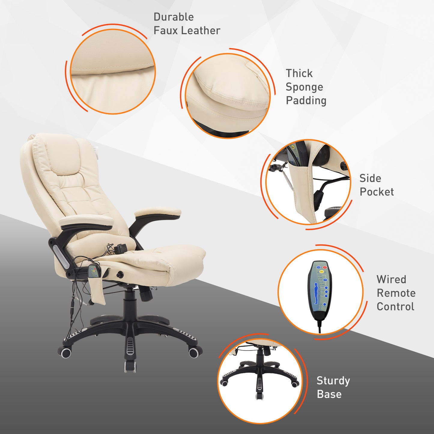 HOMCOM PU Leather Office Chair W/Massage Function, High Back-Cream