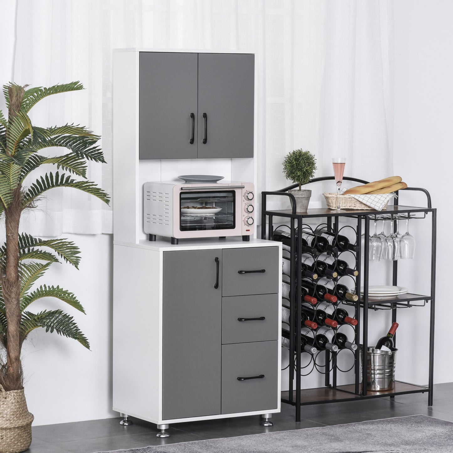 HOMCOM Modern Kitchen Pantry Cabinet Storage Cupboard with Open Countertop Grey