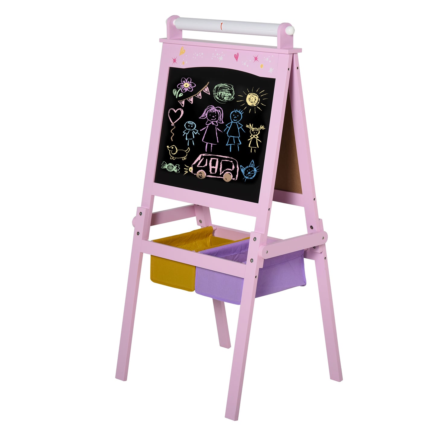 HOMCOM 3 In 1 Kid's Wooden Art Easel with Dual-Sides and Storage Baskets, Pink