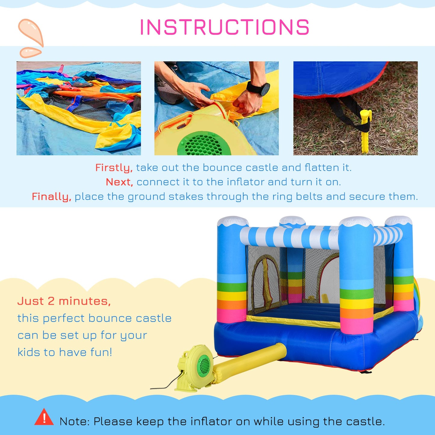 Outsunny Kids Bouncy Castle House Inflatable Trampoline Water Pool 2 in 1 with Blower for Kids Age 3-12 Rainbow Design 2.9 x 2 x 1.55m