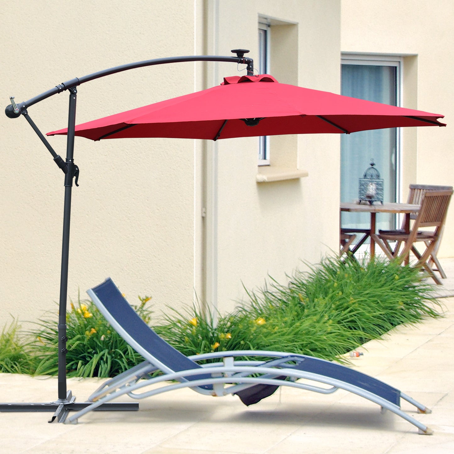 Outsunny Umbrella Parasol W/Solar Powered LED strips, Φ2.95x2.45H m-Wine Red