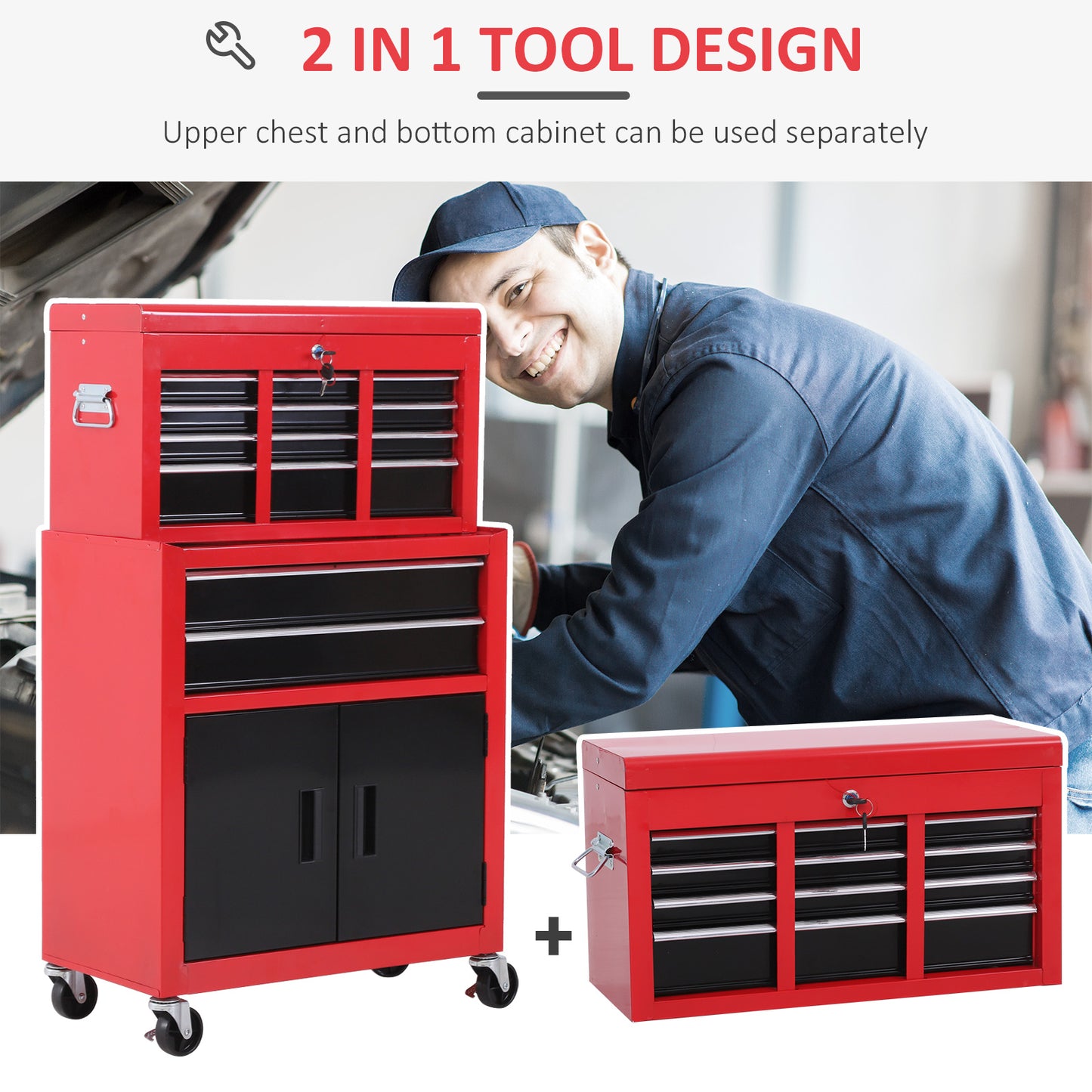 HOMCOM Metal ToolboxTrolley Portable Chest Box Rollcab Cabinet Garage Storage 6 Drawers-Black/Red