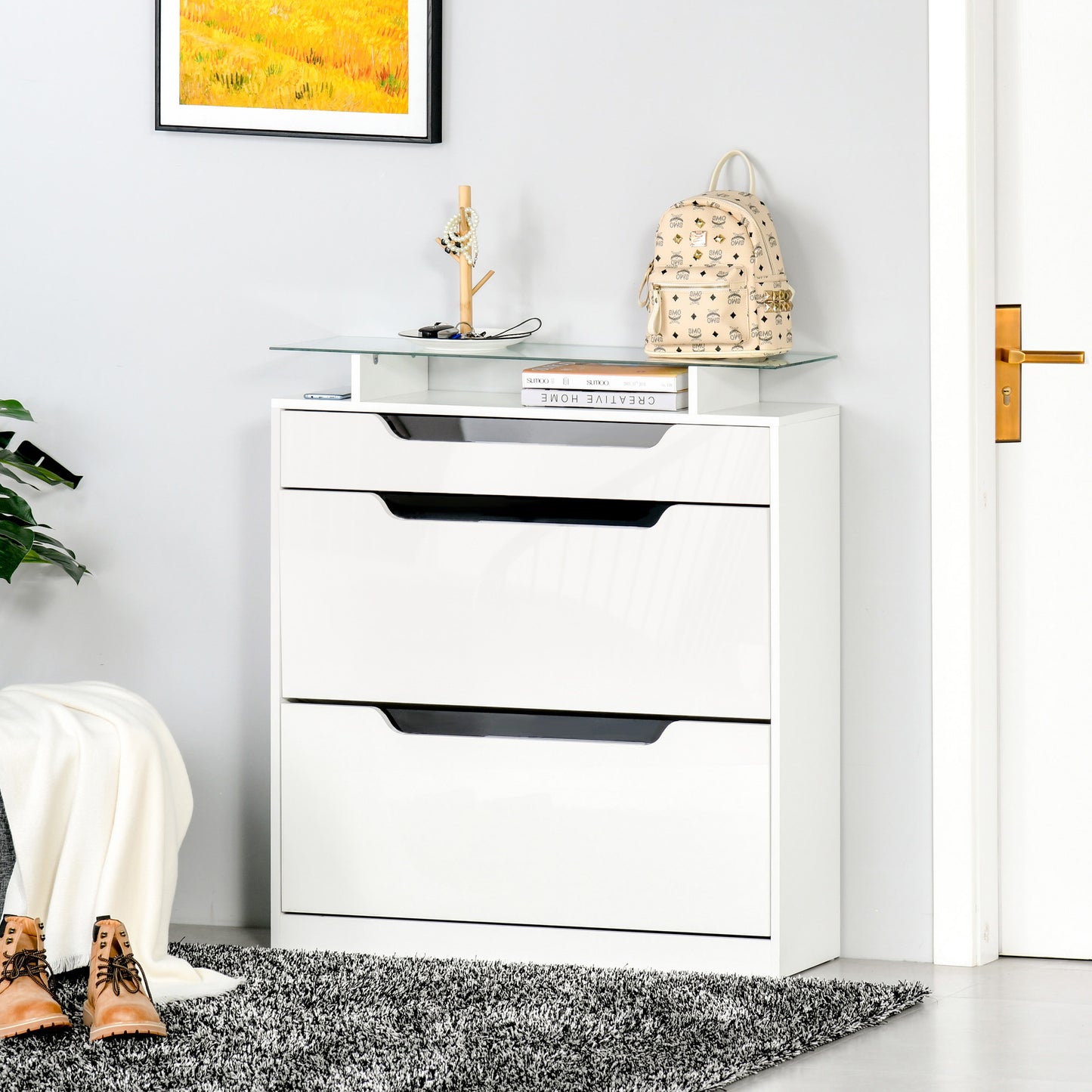 HOMCOM Shoe Cabinet with 3 Drawers Storage Cupboard w/ Flip Door Glass Top Gloss White