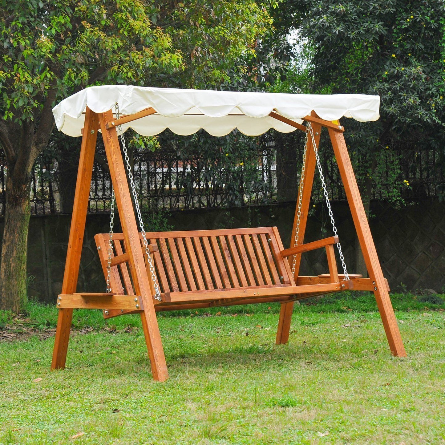 Outsunny 3-Seater Wooden Garden Swing Chair Seat Bench-Cream