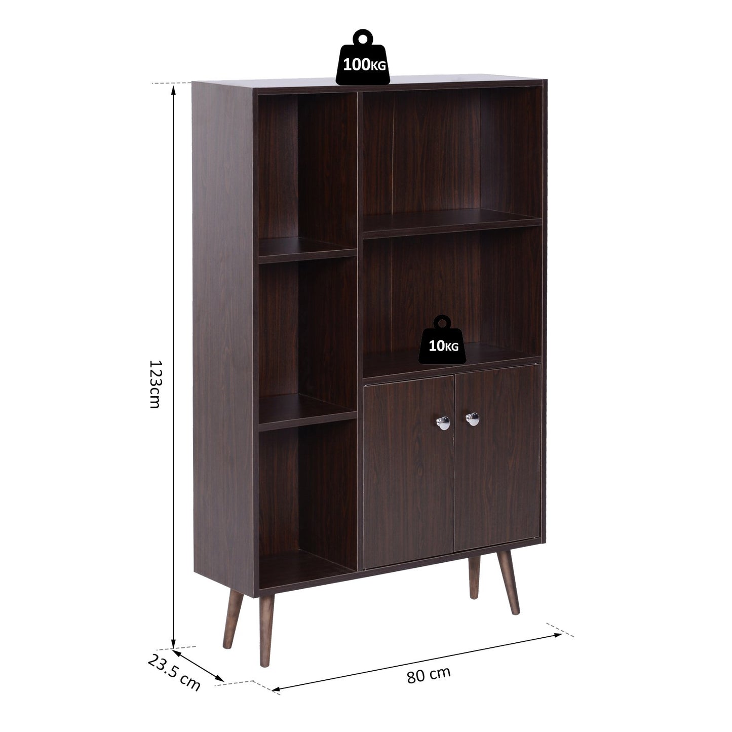 HOMCOM Open Bookcase Cabinet Shelves W/ Two Doors, 80W x 23.5D x 118Hcm-Walnut