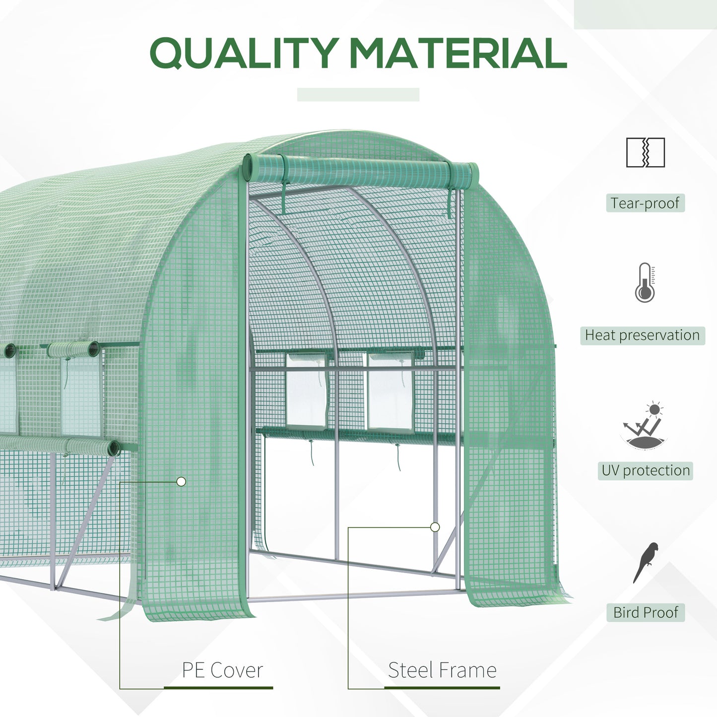 Outsunny Walk In Greenhouse Garden Polytunnel with PE Cover Zipped Roll Up Door and 6 Mesh Windows 3x2x2m Green