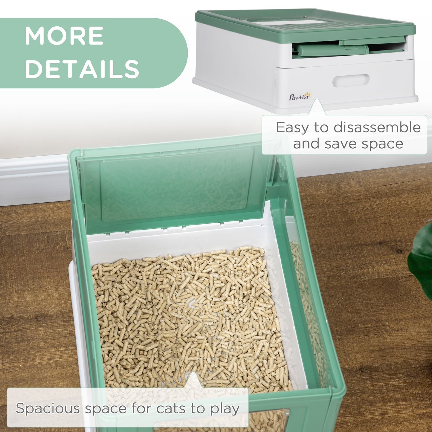 PawHut Hooded Cat Litter Box Scoop Included, Litter Tray with Front Entry Top Exit, Portable Pet Toilet with Large Space, Easy Assemble, 47.5 x 35.5 x 36.7 cm, Green