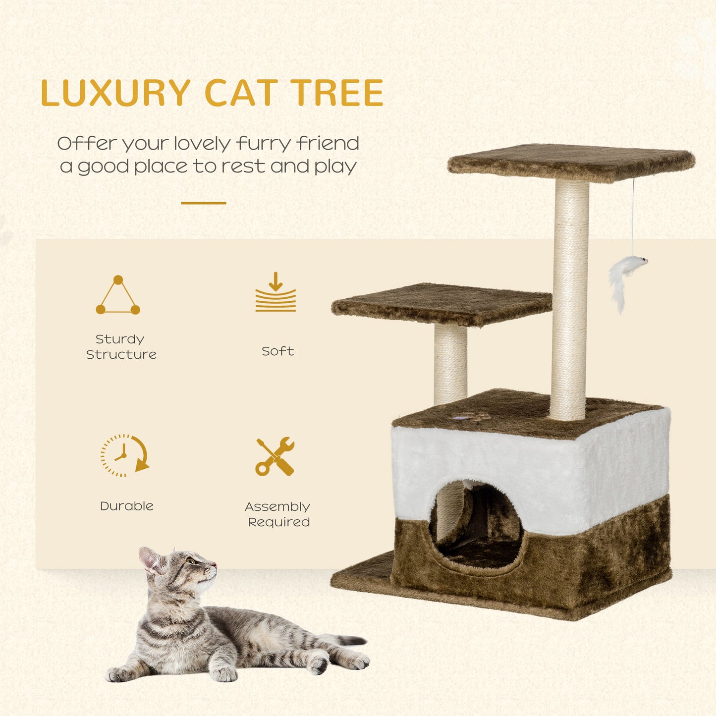 PawHut Cat Tree Tower Kitten House Scratching Posts with Condo Perch Interactive Mouse Toy, 45 x 33 x 70 cm, Brown