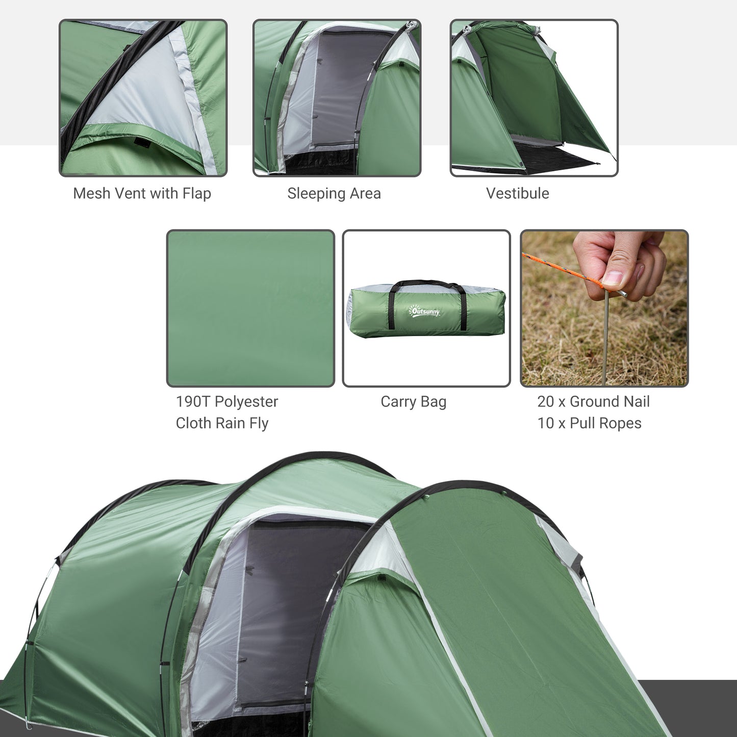 Outsunny Tunnel Tent, 2-3 Person Camping Tent with Sewn-in Groundsheet, Air Vents, Rainfly, 2000mm Water Column, Green