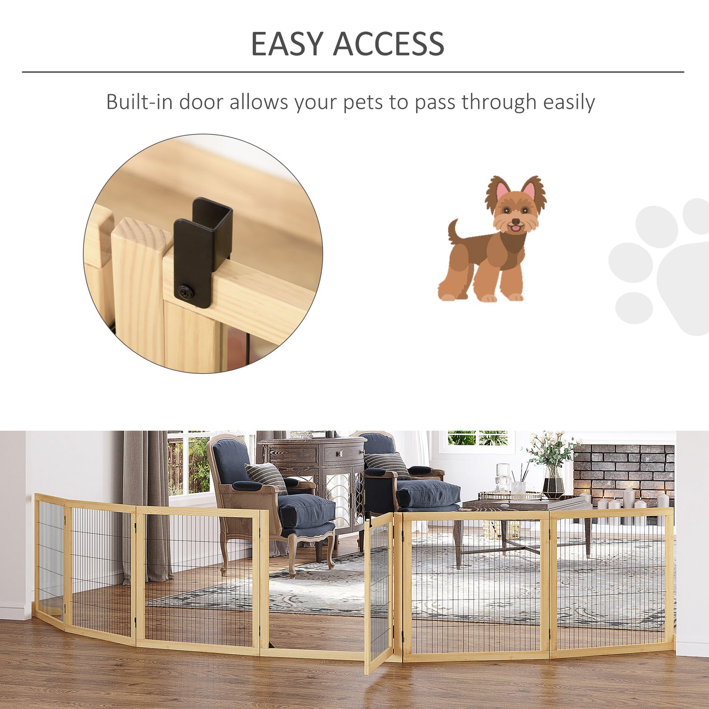 PawHut Wooden Pet Gate Freestanding Dog Safety Barrier with Two Support Feet Natural Tone