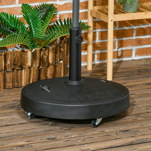 Outsunny 23.5kg Resin Garden Parasol Base with Wheels and Retractable Handles, Round Outdoor Market Umbrella Stand Weight for Poles of Ø38mm to Ø48mm, Black