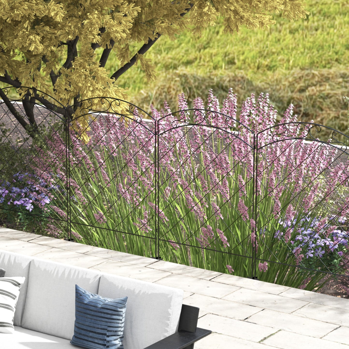 Outsunny Steel Decorative Swirls Outdoor Picket Fence Panels Set of 4 Black