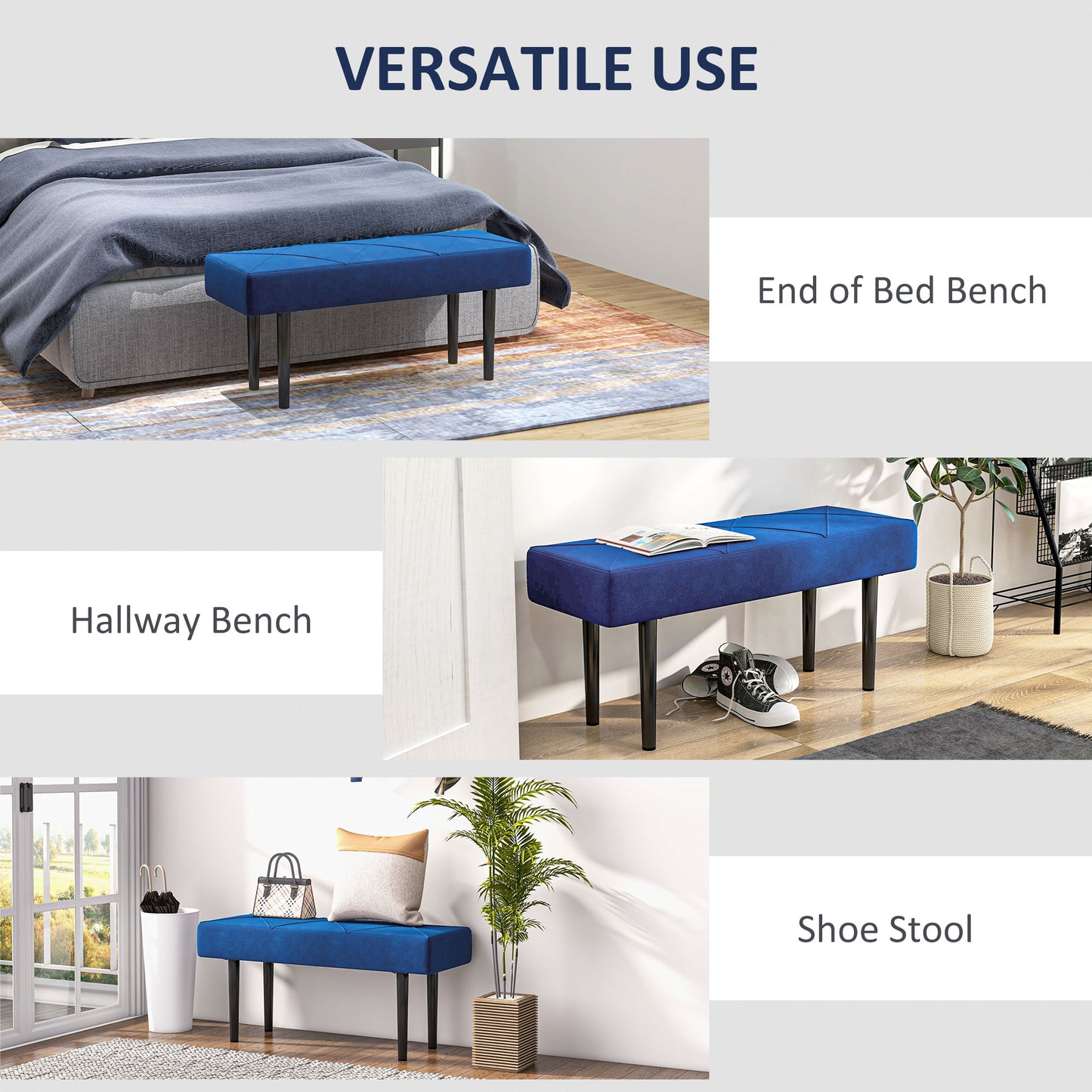 HOMCOM End of Bed Bench with X-Shape Design and Steel Legs, Upholstered Hallway Bench for Bedroom, Blue