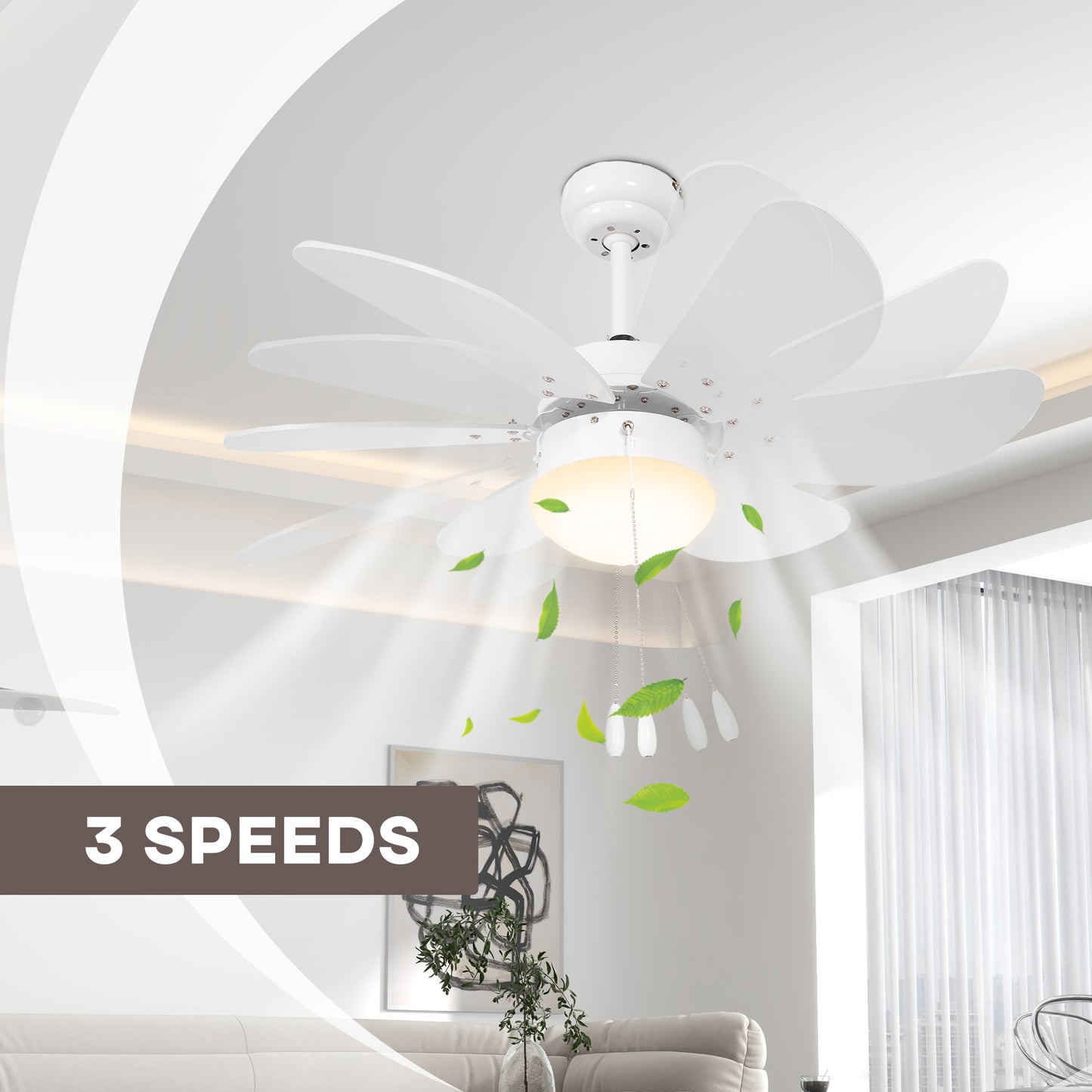 HOMCOM Ceiling Fan with LED Light, Flush Mount Ceiling Fan Lights with 6 Reversible Blades, Pull-chain Switch, White
