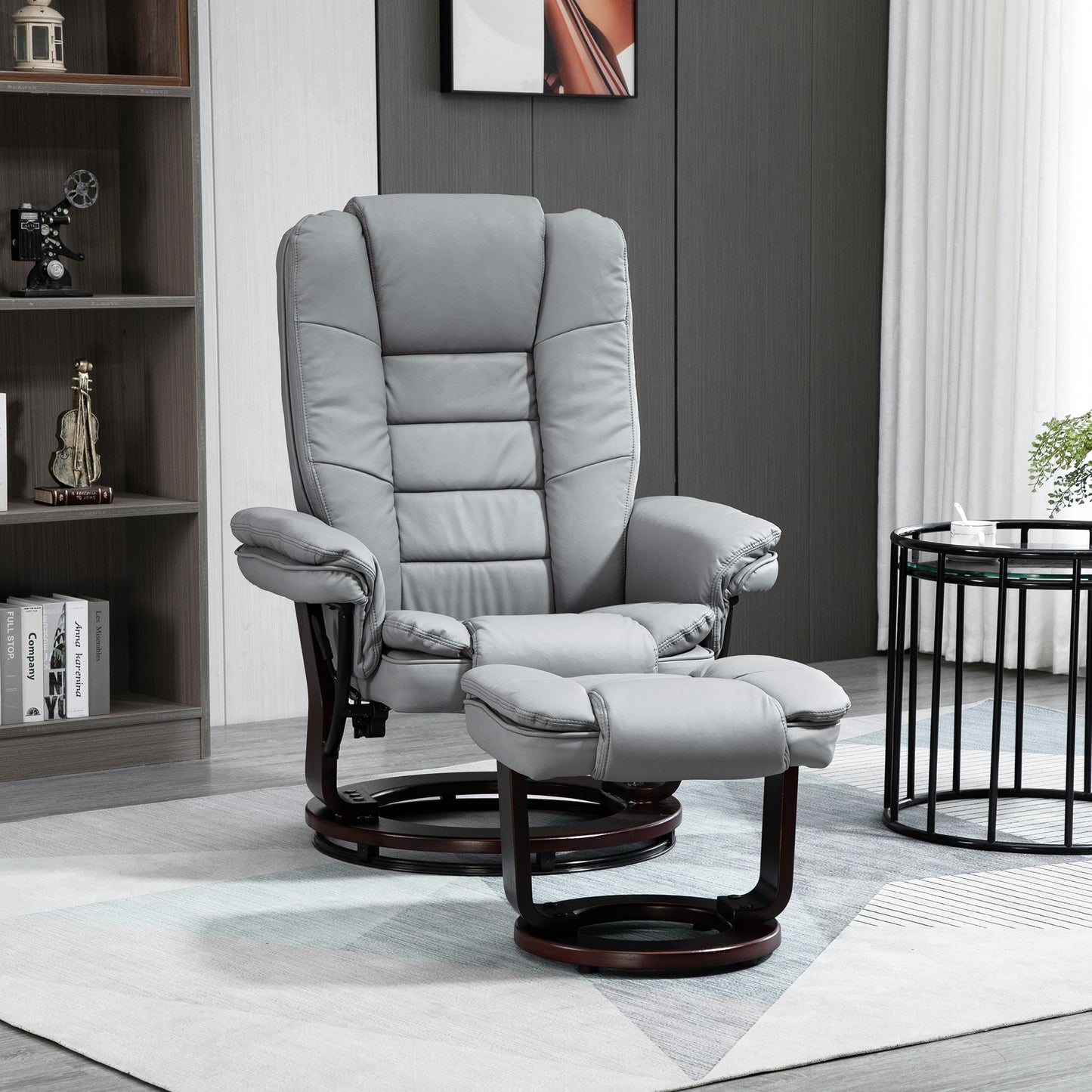 HOMCOM Manual Recliner and Footrest Set PU Leather Leisure Lounge Chair Armchair with Swivel Wood Base, Grey