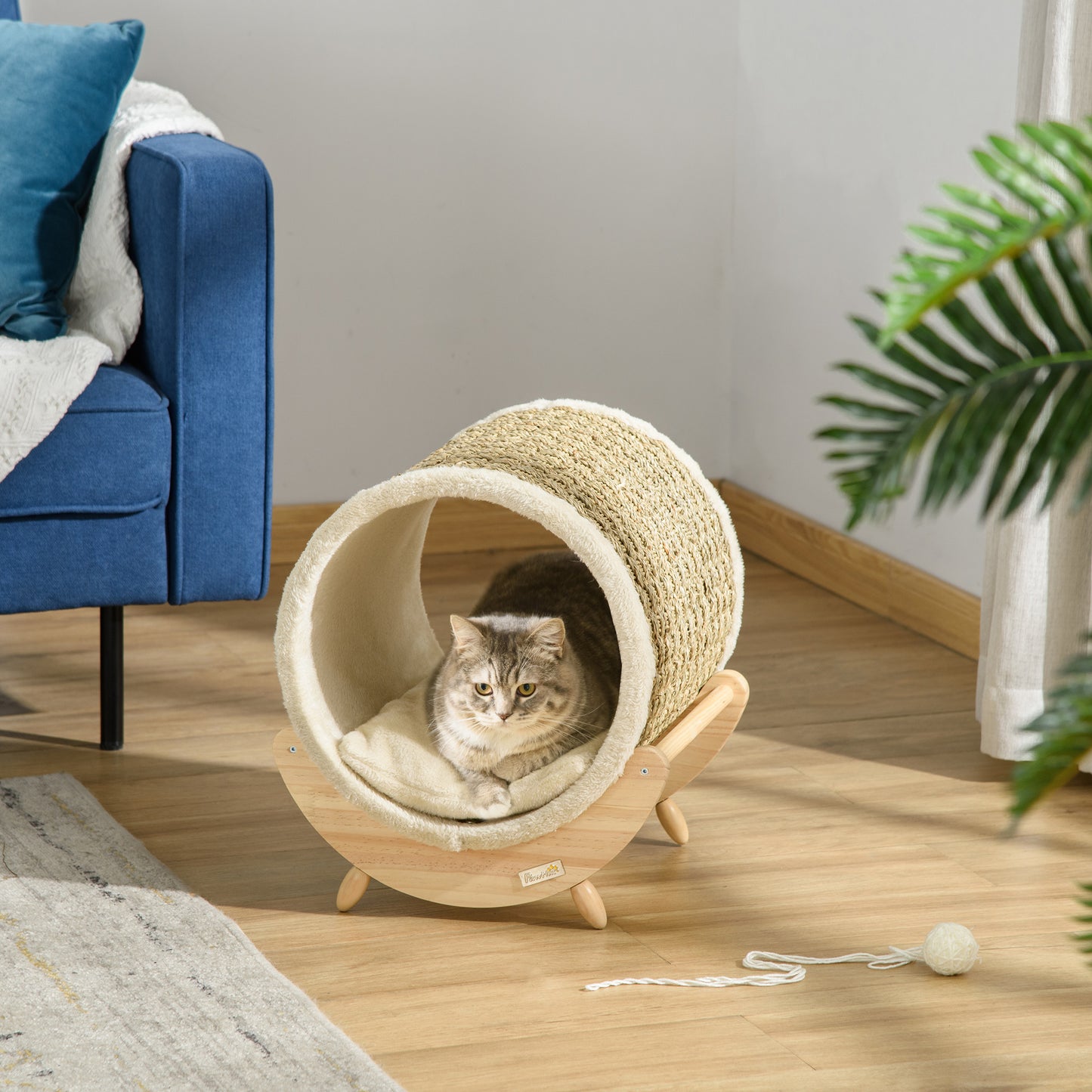 PawHut Elevated Cat House, Kitten Bed, Pet Shelter, Wrapped with Scratcher, Soft Cushion, 41 x 38 x 43 cm, Khaki