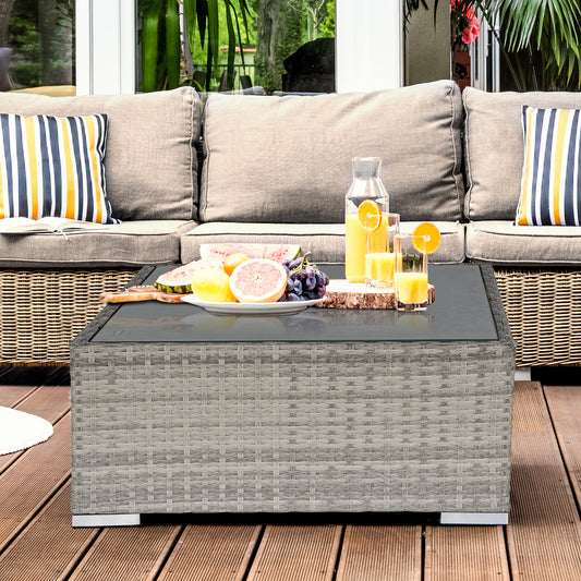 Outsunny Rattan Wicker Patio Coffee Table Ready to Use Outdoor Furniture Suitable for Garden Backyard Grey w/ Glass Top