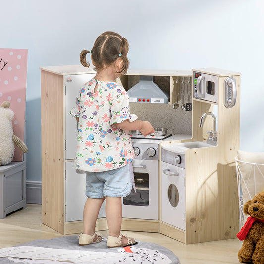 HOMCOM Toy Kitchen for Kids with Role Play Accessories, Wooden Corner Pretend Kitchen with Sound and Light, Phone, Microwave, Refrigerator, Ice Maker, Utensils, Storage Space, 105 x 48 x 80 cm