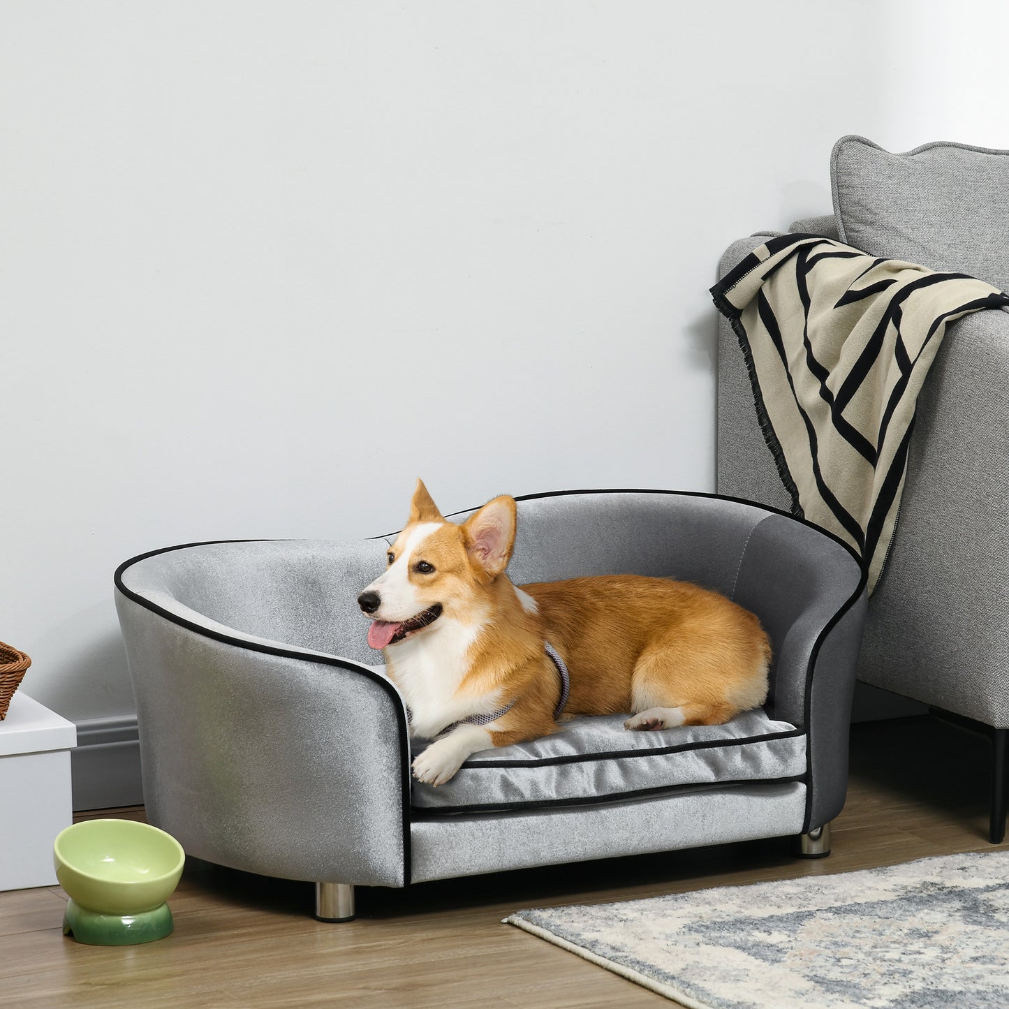 PawHut Dog Sofa Pet Chair, Kitten Bed Couch w/ Wooden Frame, Removable Cushion - Silver-Tone and Grey