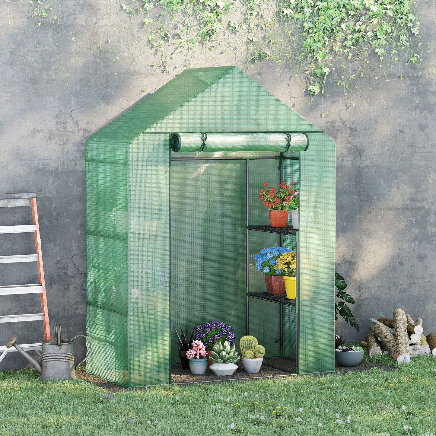 Outsunny Walk In Greenhouse for Outdoor, Portable Gardening Plant Grow House with 2 Tier Shelf, Roll-Up Zippered Door, PE Cover, 141x72x191cm, Green