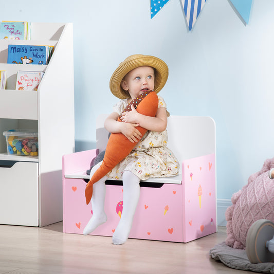 ZONEKIZ 2-IN-1 Wooden Toy Box, Kids Storage Bench Toy Chest with Safety Pneumatic Rod, Cute Pattern, Pink