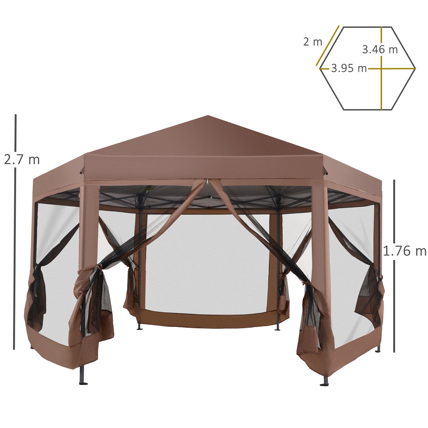 Outsunny Hexagonal Garden Gazebo Party Outdoor Canopy Tent Sun Shelter Adjustable with Mosquito Netting Zipped Door - Brown