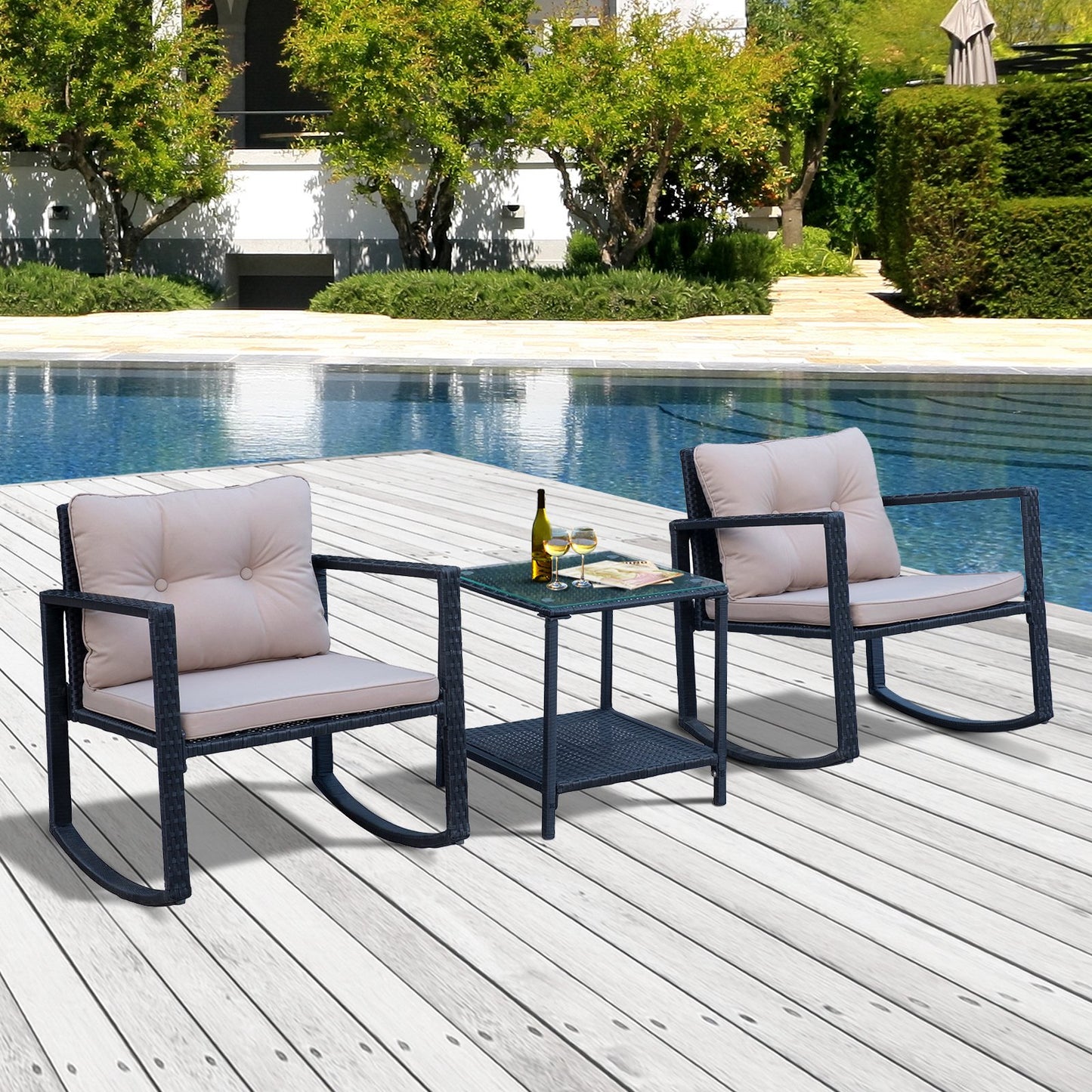 Outsunny 3 Pcs Rattan Rocking Set W/Cushion-Black/Beige