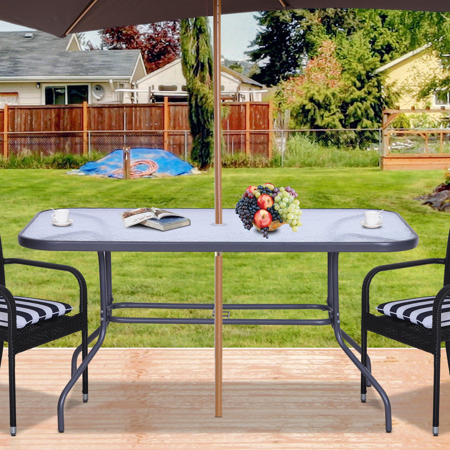 glass patio table with umbrella hole uk 105CM Wide Square Glass-Top Outdoor Dining Parasol Garden Sanctuary this outdoor dining table withstands the elements for years of quality use 86 cm Patio Dining Table
