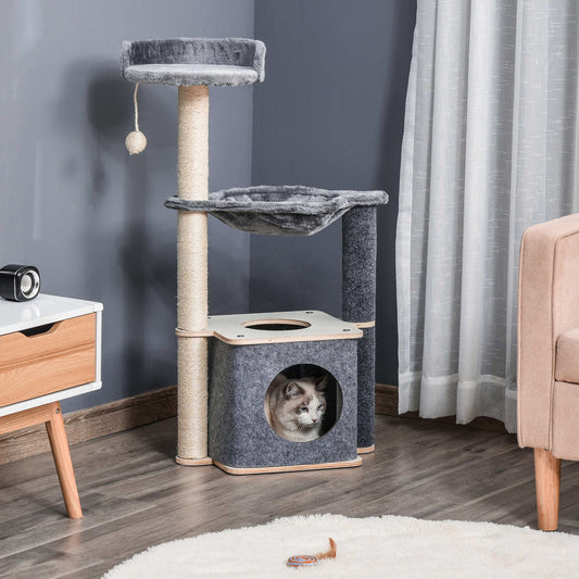 PawHut Cat Tree Tower Climbing Kitten Activity Center with Sisal Scratching Post, Grey