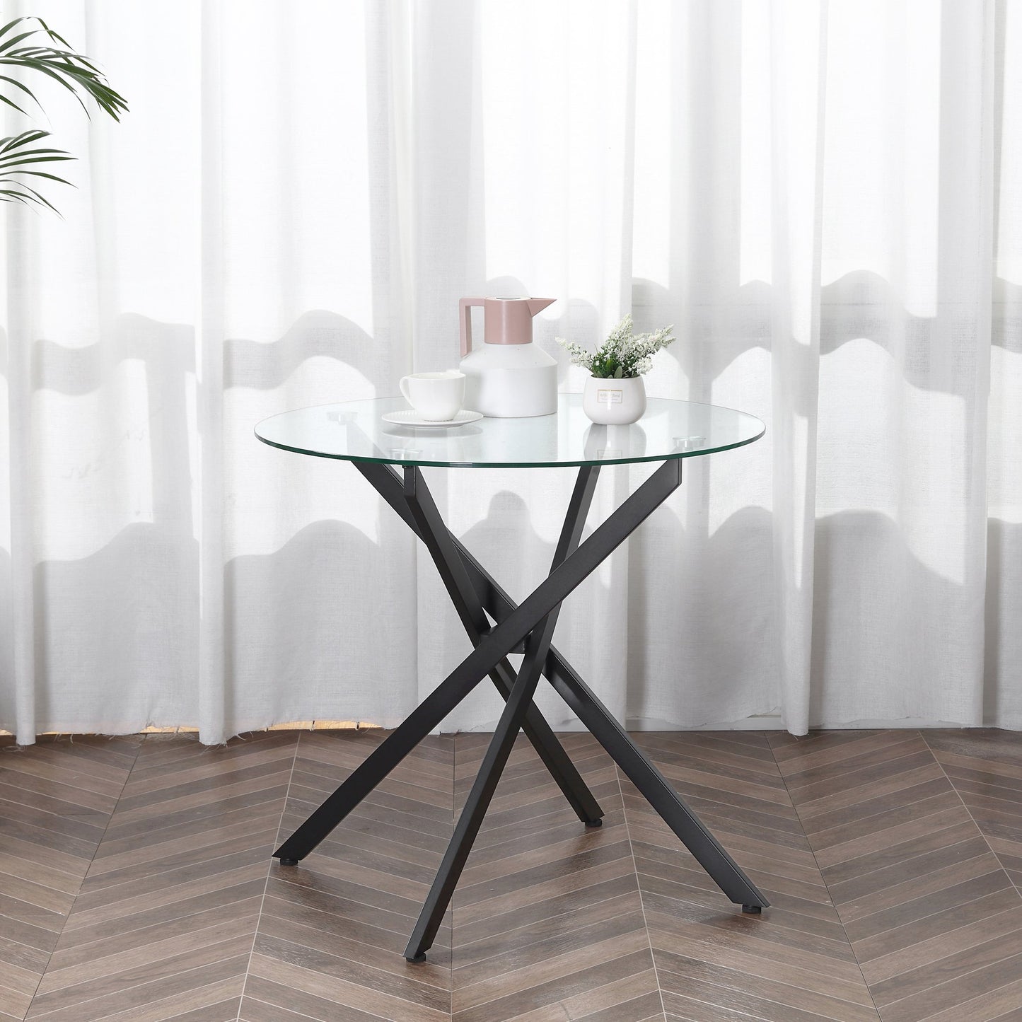 HOMCOM Round Side Table with Tempered Glass Top & Metal Legs Dining Living Room Black