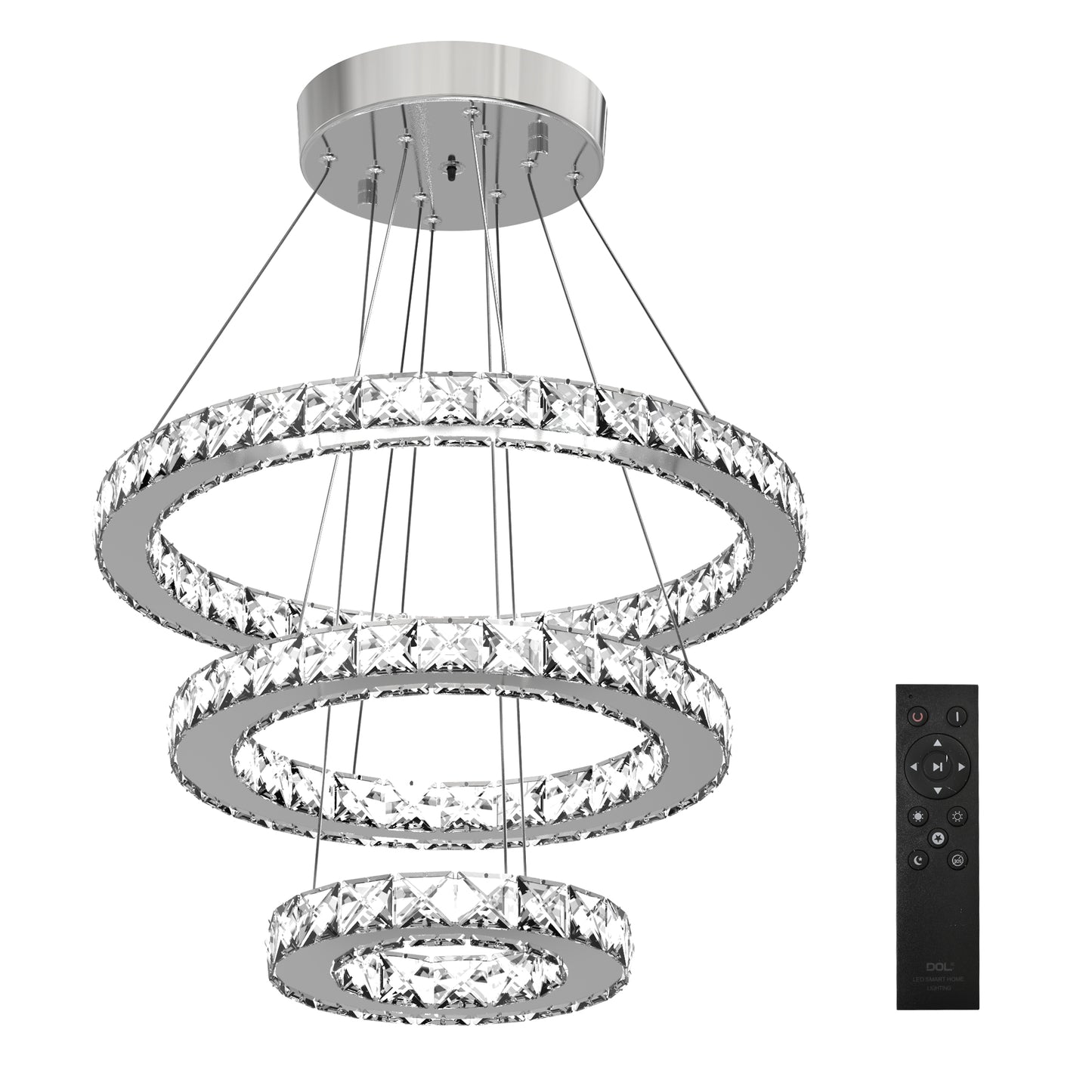 HOMCOM LED Chandelier 3 Crystal Rings Cool Warm White Lighting Home Style Silver