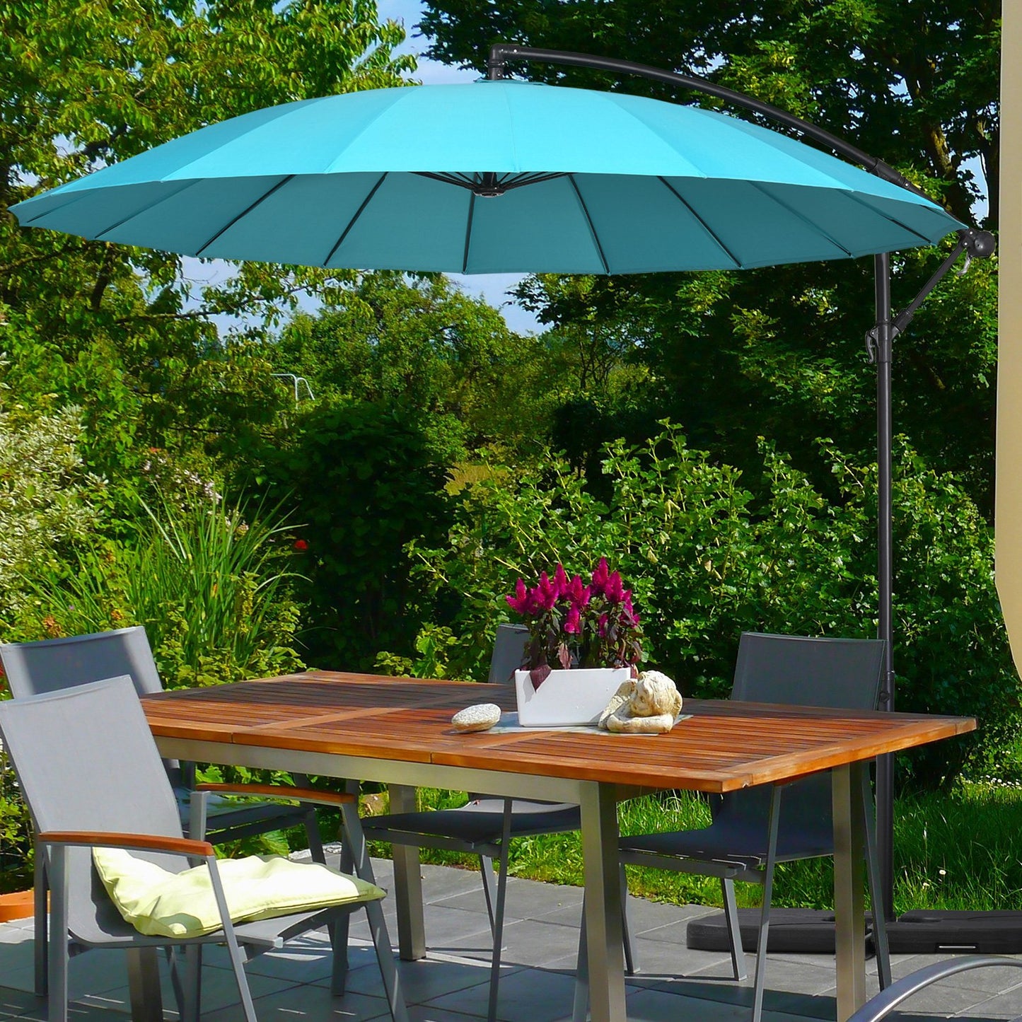Outsunny 3(m) Cantilever Umbrella 18 Ribs & Vents Adjustable Angle for Patio Green
