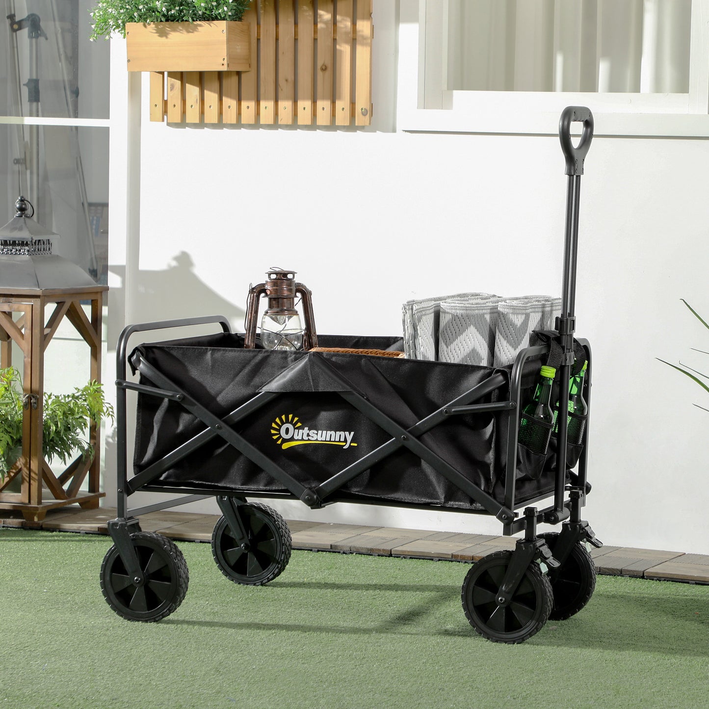 Outsunny Folding Pull Along Cart Cargo Wagon Trolley with Telescopic Handle - Black