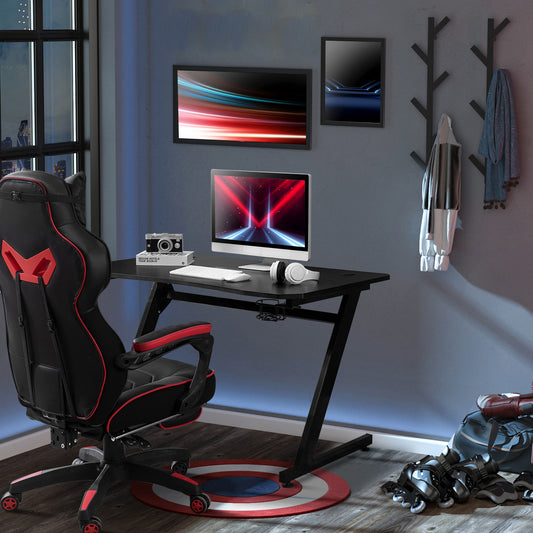 HOMCOM Steel Frame Gaming Desk Writing Table Workstations for Home and Office w/ Cup Headphone Holder Adjustable Feet Black