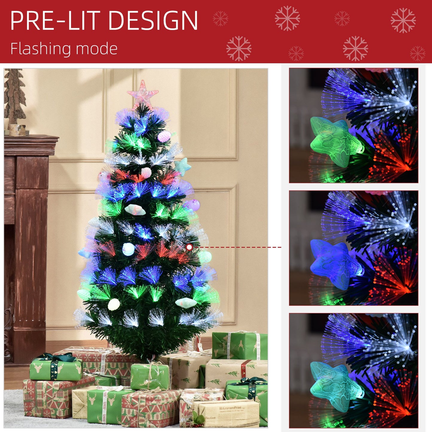 HOMCOM 4FT Pre-Lit Artificial Christmas Tree Home w/ Fibre Optic LED Light Decoration