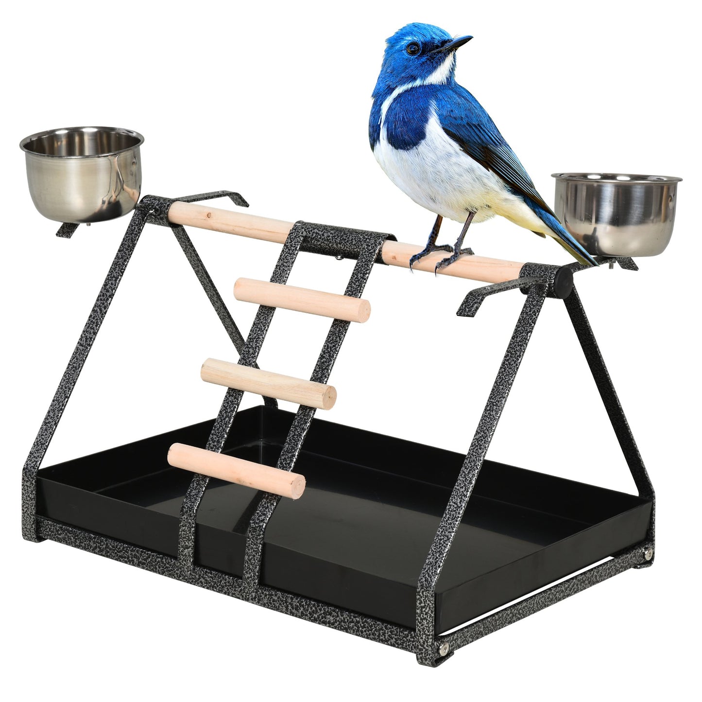 PawHut Portable Parrot Bird Stainless Steel Feeder w/ Fir Wood Perch Removable Tray