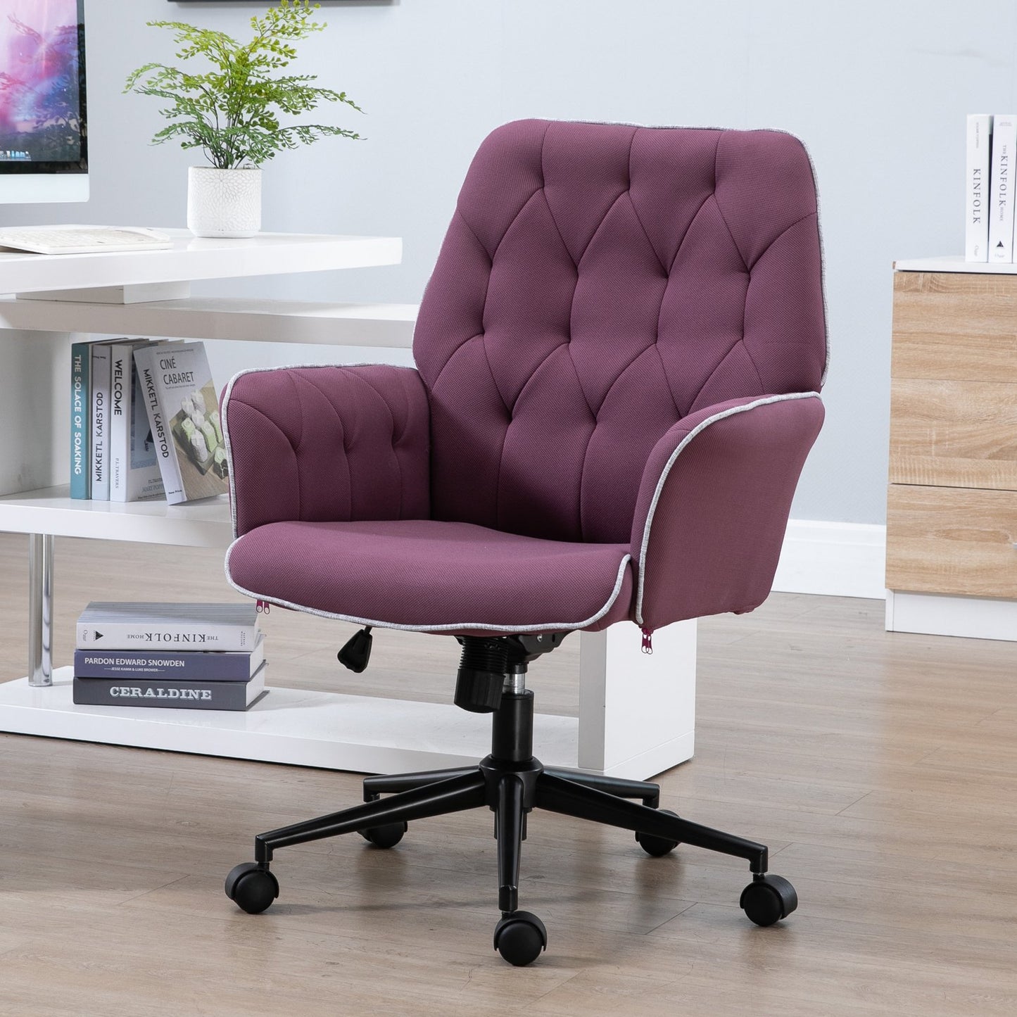Vinsetto Linen Office Swivel Chair Mid Back Computer Desk Chair with Adjustable Seat, Arm - Purple