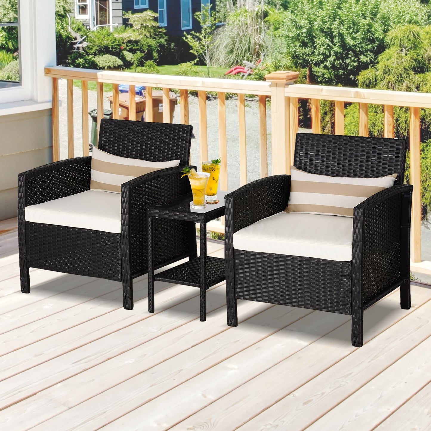 Outsunny 2-Seater PE Rattan Side Table & Armchair Bistro Set w/ Pillows Black