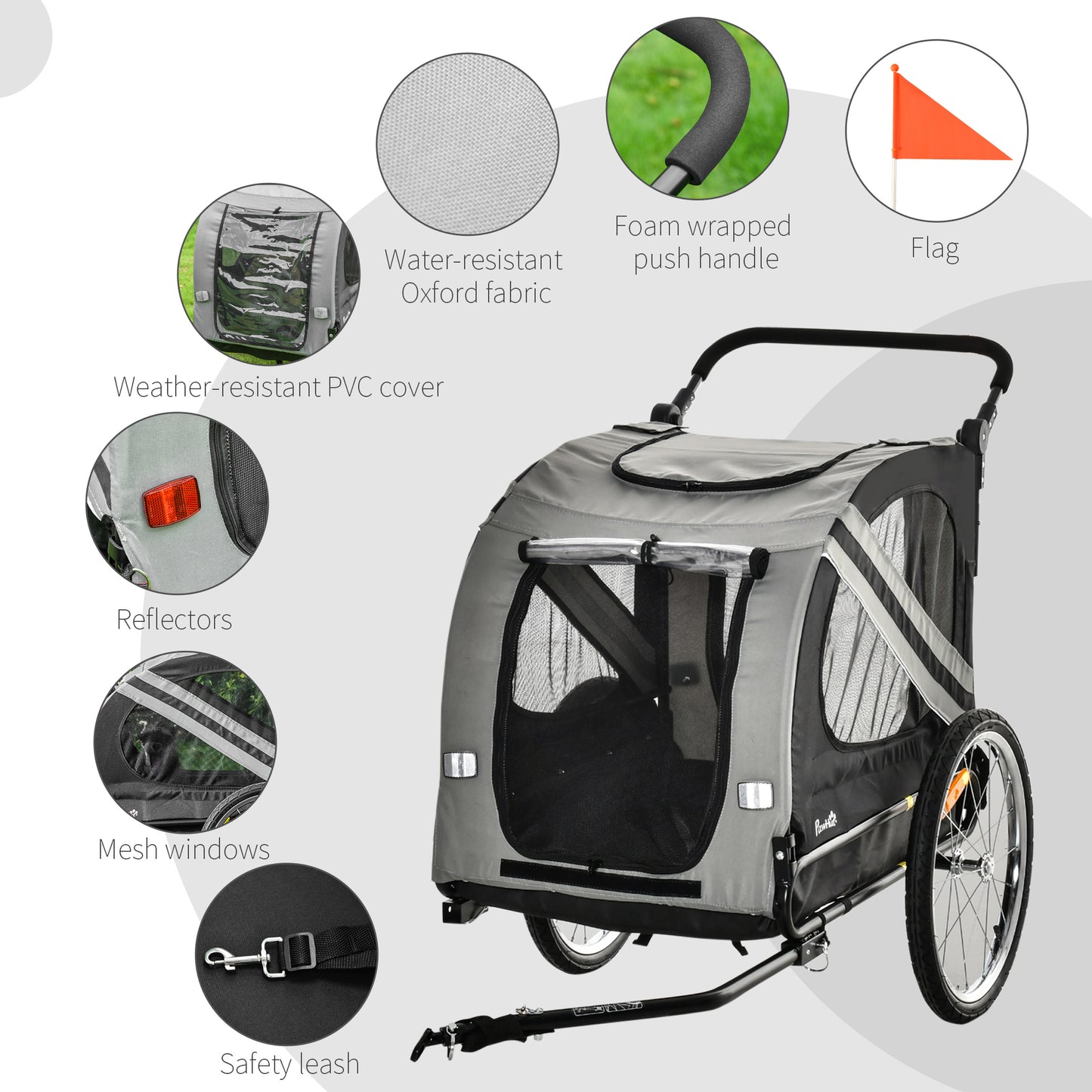 PawHut 2-In-1 Dog Bike Trailer Pet Stroller with Universal Wheel Reflector Flag Grey