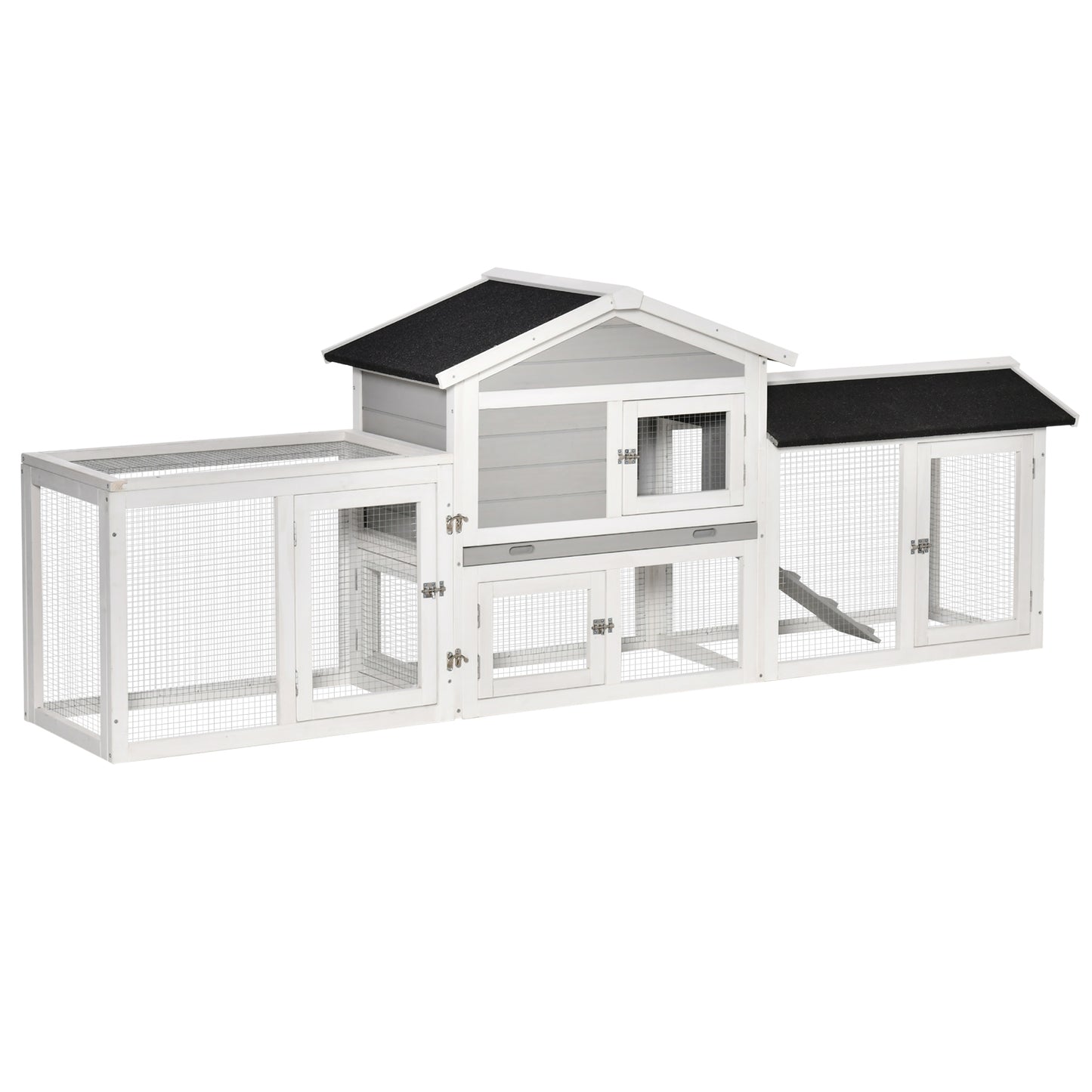 PawHut 2 Tier Wooden Rabbit Hut w/ Tray, Ramps, Run Area, Asphalt Roof for Outdoor Grey