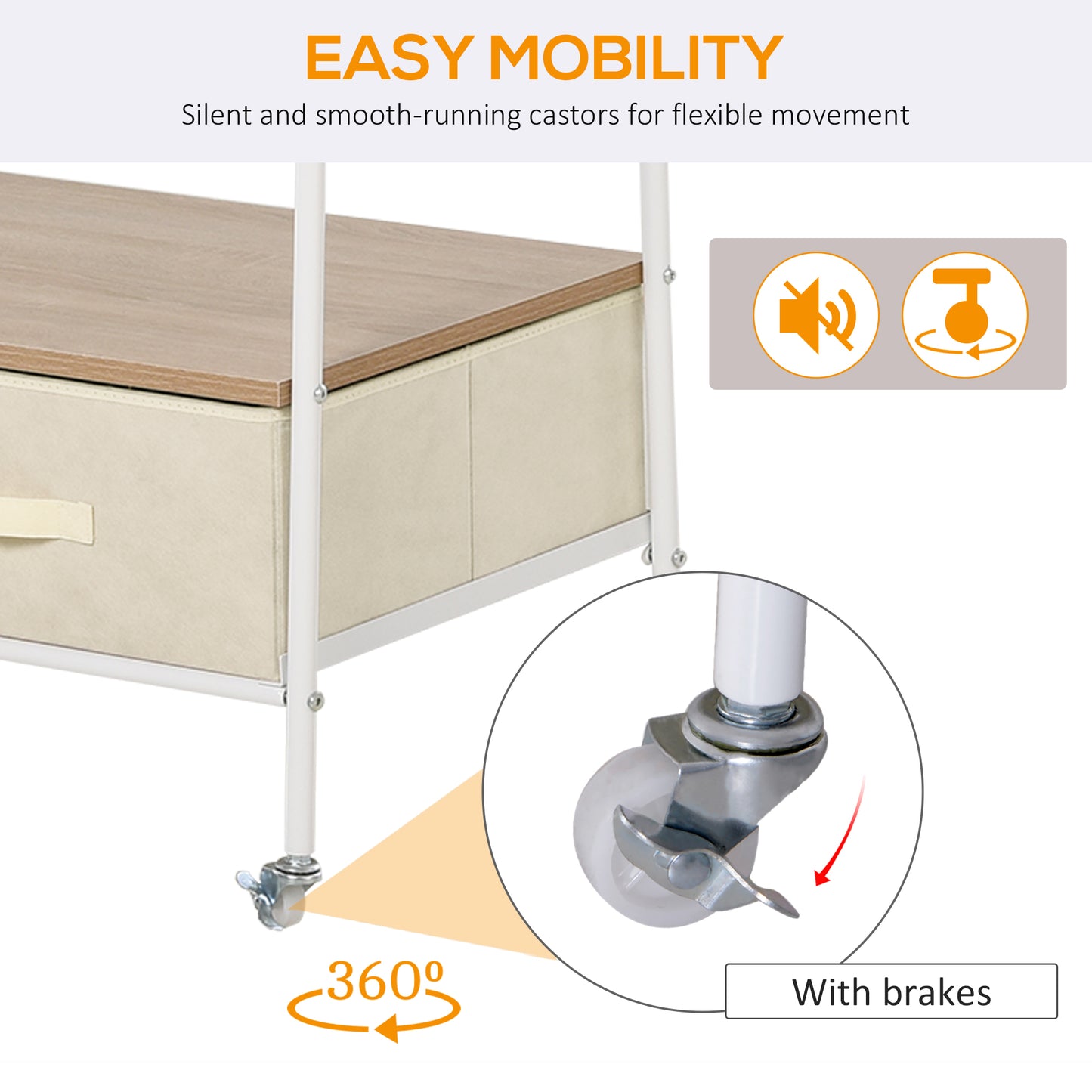 HOMCOM Clothes Rack Stand W/ 2 Drawers and Wheels, Metal-White with Beige Drawers