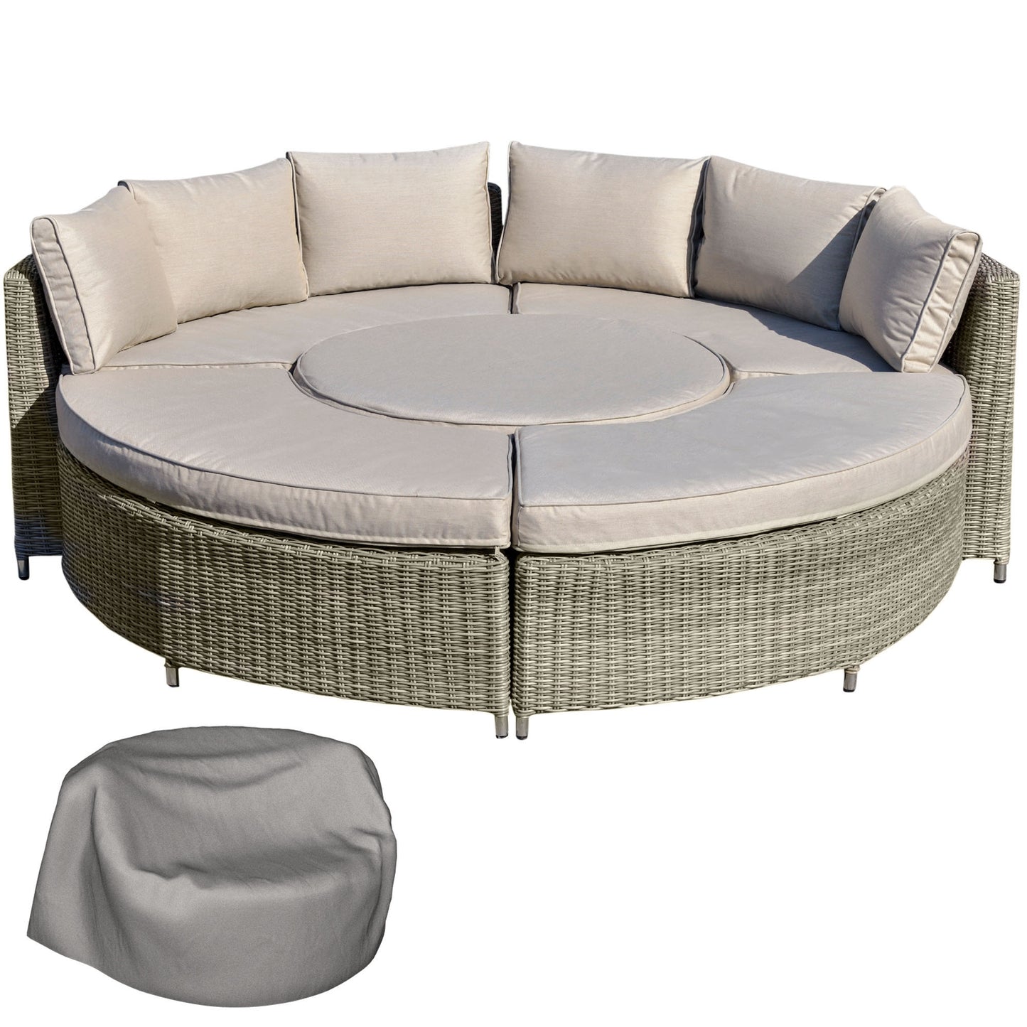 Outsunny 5 PCs Outdoor Rattan Lounge Chair Round Daybed Table Conversation Set w/ Cushion