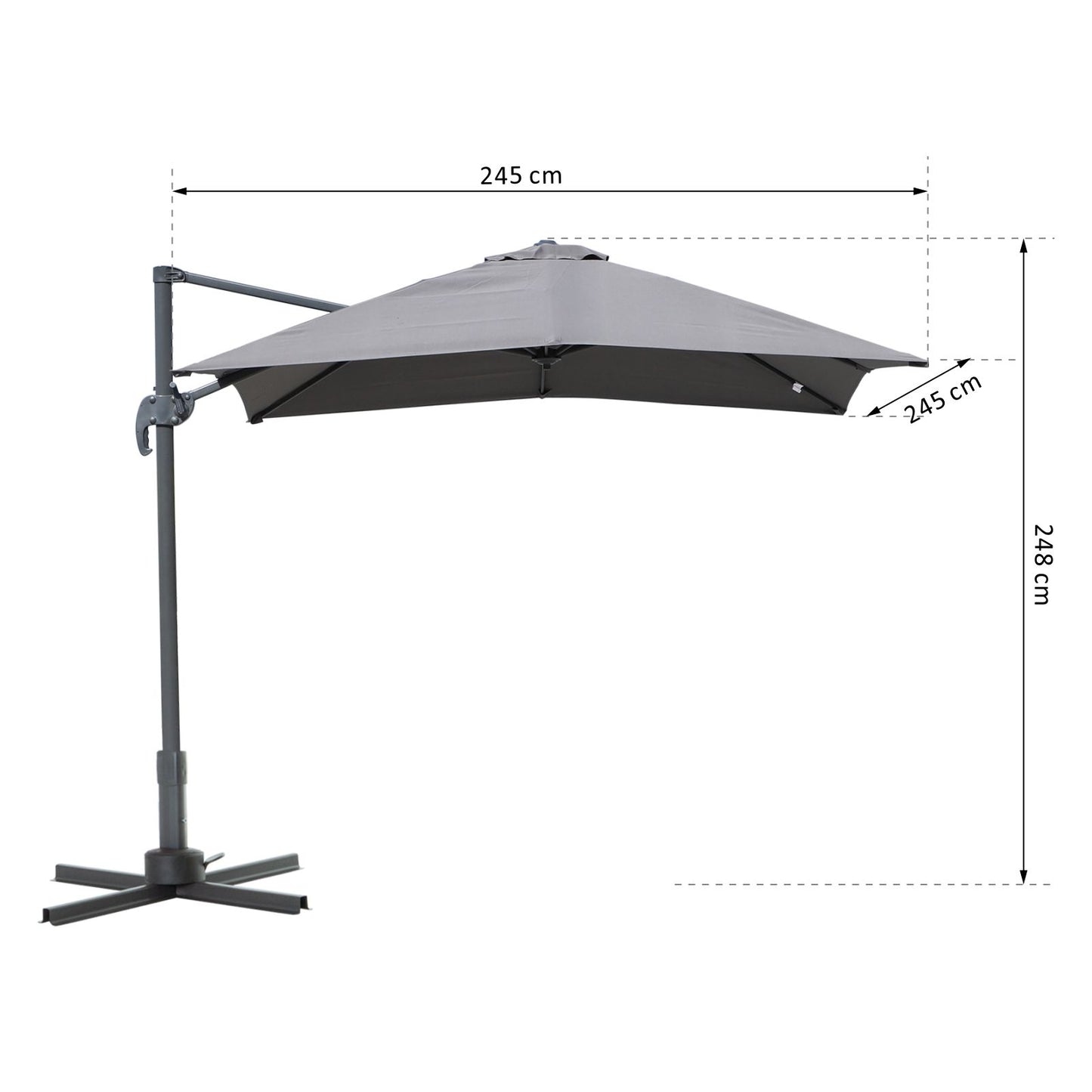 Outsunny 2.5 x 2.5m Patio Offset Parasol Umbrella Cantilever Hanging Aluminium Sun Shade Canopy Shelter 360° Rotation with Crank Handle and Cross Base, Grey